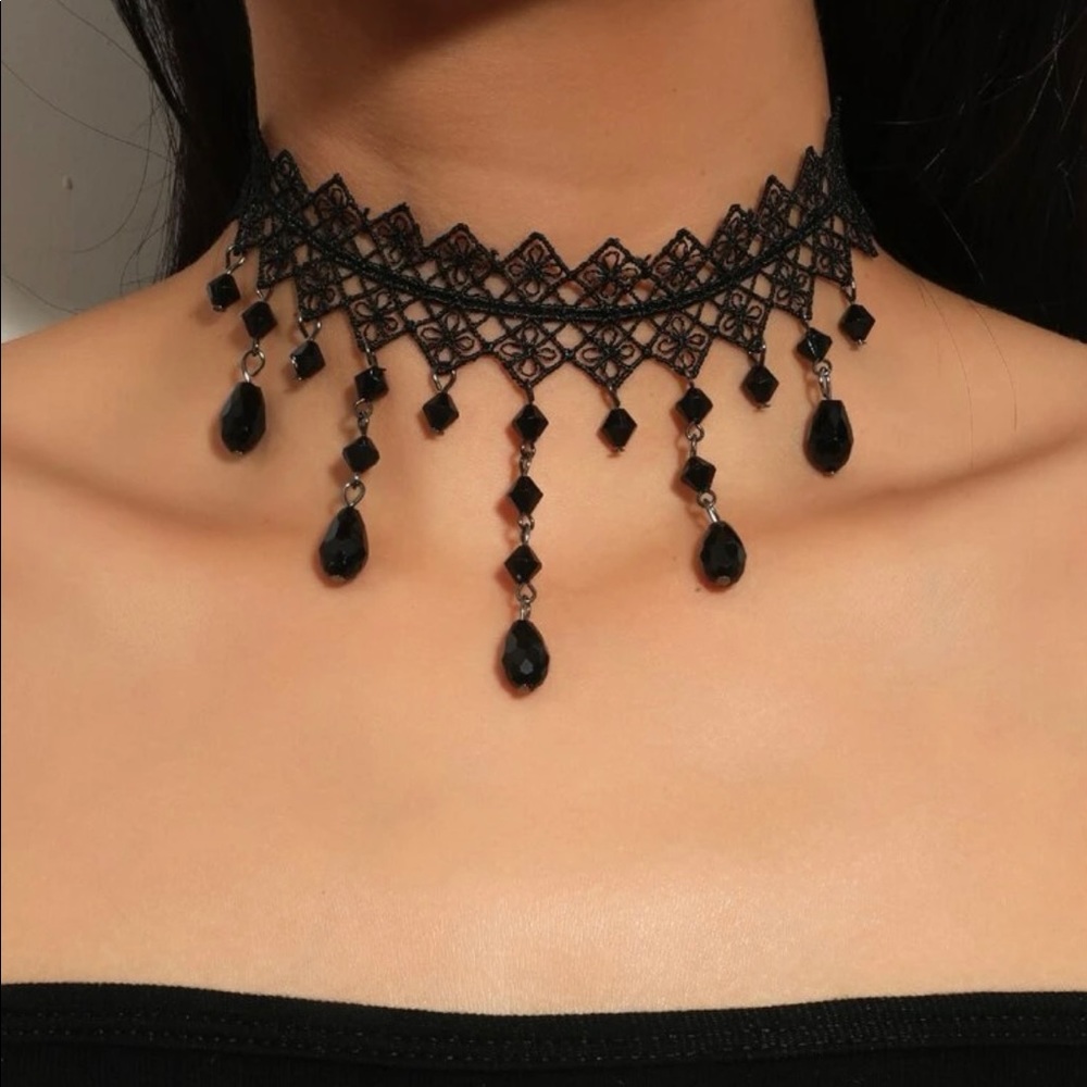 Crystal Bead Decor Lace Choker